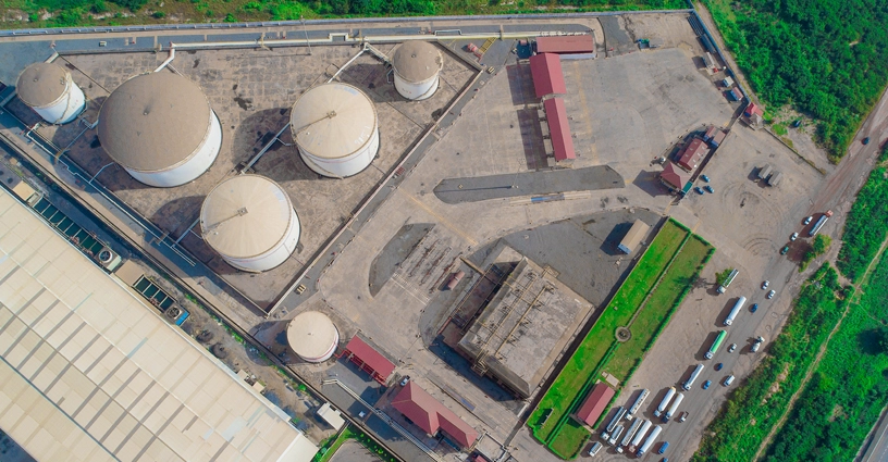 aerial view of storage tanks